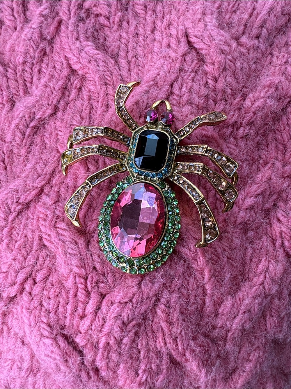 Large Rhinestone Spider Brooch – Pink, Green & Black